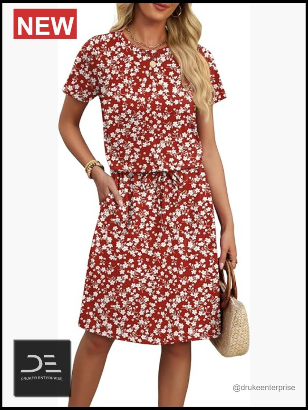 Short Sleeve Crew Neck T-Shirt Dress with Pockets Casual Tie Waist Maternity
